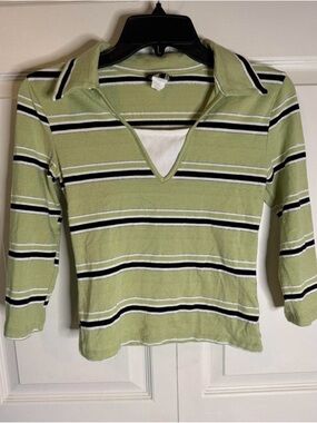 Striped Light Green Long Sleeve V-Neck Polo Top